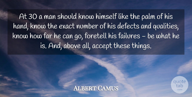 Albert Camus Quote About Men, Hands, Birth Defects: At 30 A Man Should...