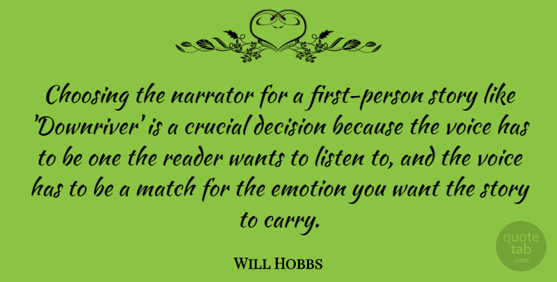 Will Hobbs Quote About Choosing, Crucial, Listen, Match, Narrator: Choosing The Narrator For A...