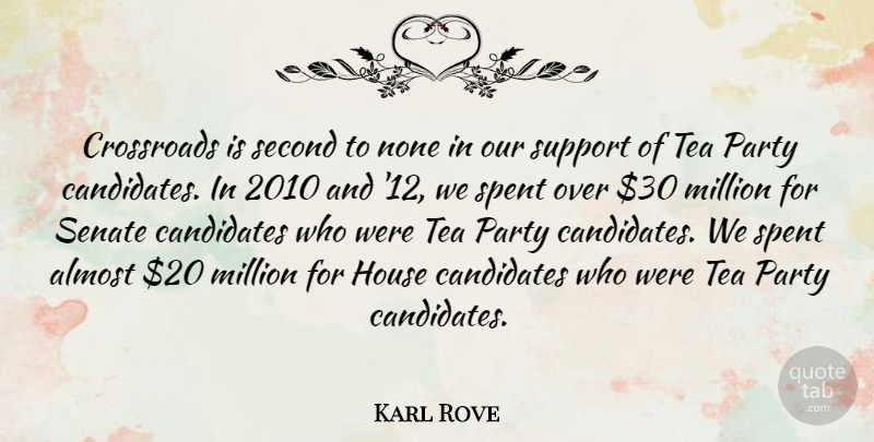 Karl Rove Quote About Almost, Candidates, Crossroads, House, Million: Crossroads Is Second To None...