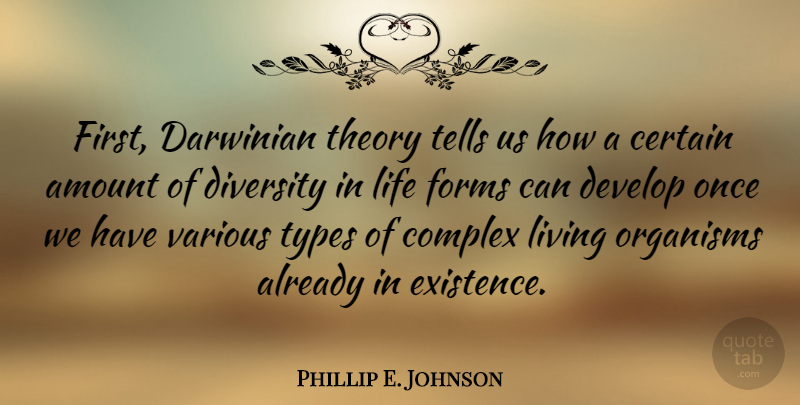 Phillip E. Johnson Quote About Diversity, Firsts, Form: First Darwinian Theory Tells Us...