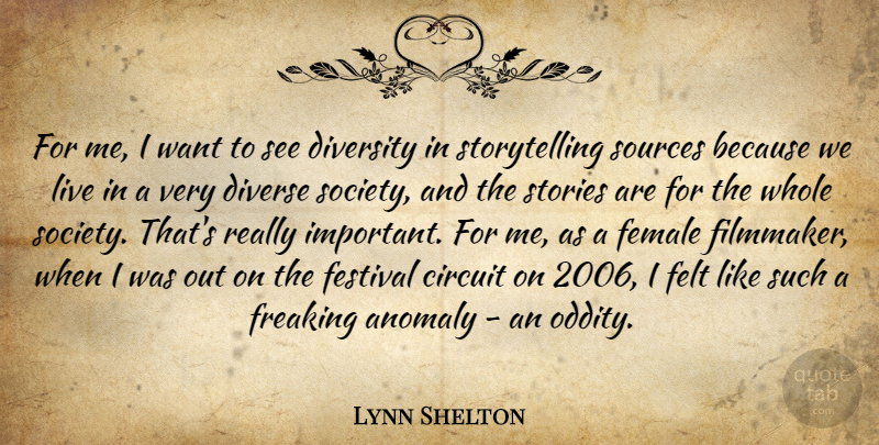 Lynn Shelton Quote About Oddities, Diverse Society, Diversity: For Me I Want To...