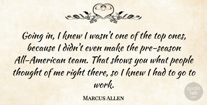 Marcus Allen Quote About American Athlete, Knew, People, Shows: Going In I Knew I...