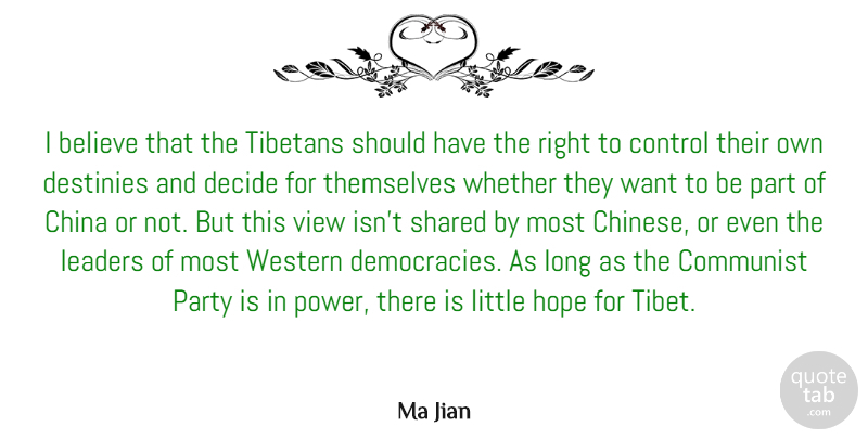 Ma Jian Quote About Believe, China, Communist, Decide, Destinies: I Believe That The Tibetans...