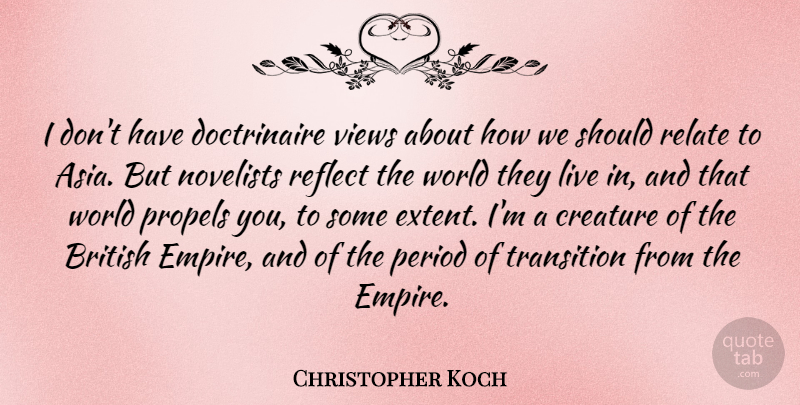 Christopher Koch Quote About Creature, Novelists, Period, Reflect, Relate: I Dont Have Doctrinaire Views...