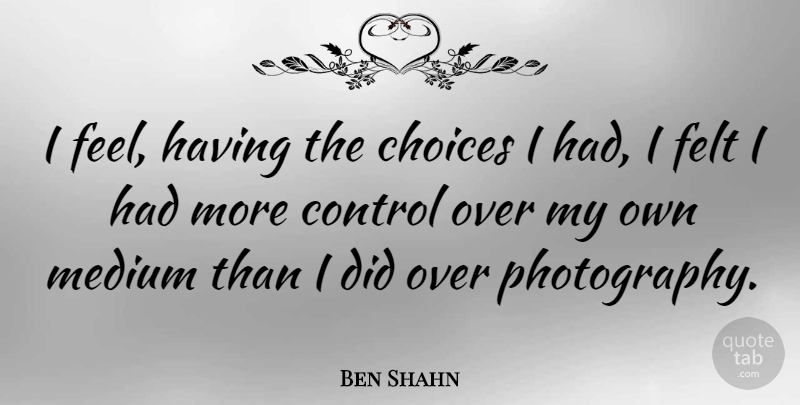 Ben Shahn Quote About Photography, Choices, Mediums: I Feel Having The Choices...