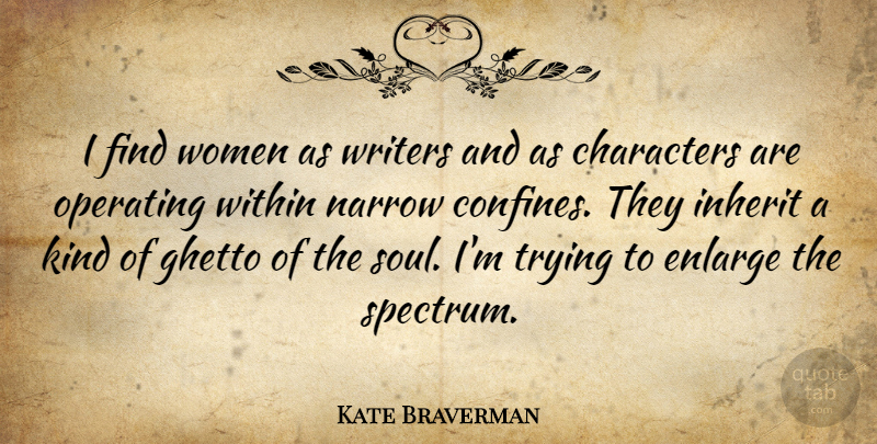 Kate Braverman Quote About Characters, Ghetto, Inherit, Narrow, Operating: I Find Women As Writers...
