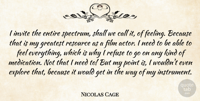 Nicolas Cage Quote About Feelings, Needs, Actors: I Invite The Entire Spectrum...