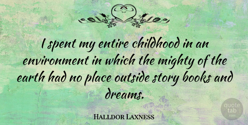 Halldor Laxness Quote About Books, Dreams, Entire, Environment, Mighty: I Spent My Entire Childhood...