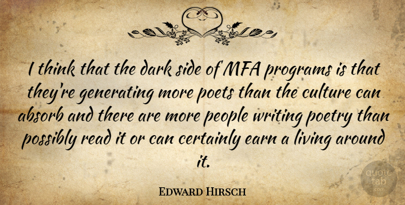 Edward Hirsch Quote About Writing, Dark, Thinking: I Think That The Dark...