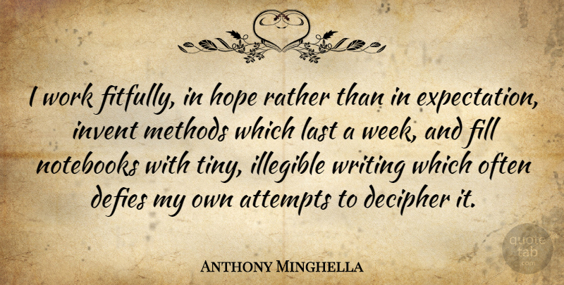 Anthony Minghella Quote About Notebook, Writing, Expectations: I Work Fitfully In Hope...