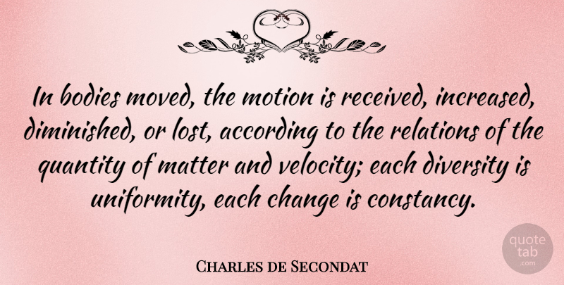 Charles de Secondat Quote About According, Bodies, Change, French Philosopher, Matter: In Bodies Moved The Motion...