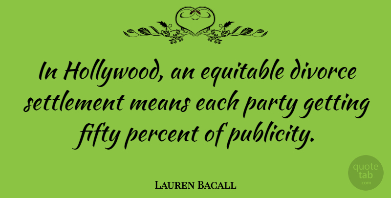 Lauren Bacall Quote About Women, Party, Memorable: In Hollywood An Equitable Divorce...