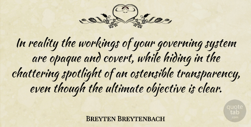 Breyten Breytenbach Quote About Reality, Spotlight, Opaque: In Reality The Workings Of...