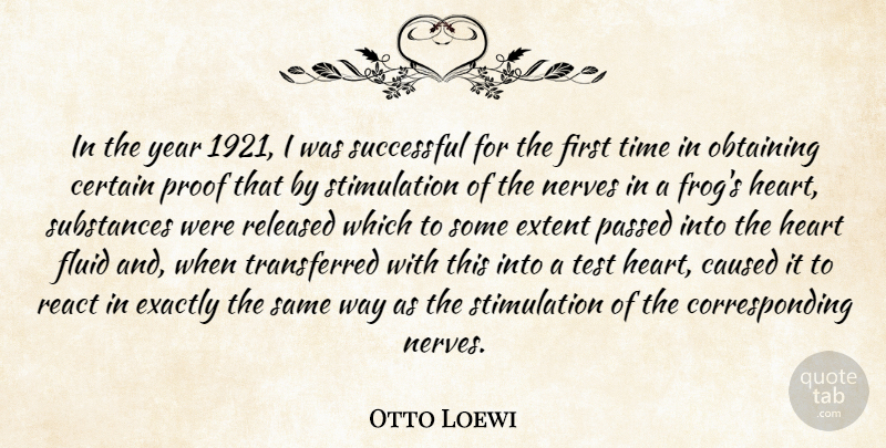 Otto Loewi Quote About Caused, Certain, Exactly, Extent, Fluid: In The Year 1921 I...