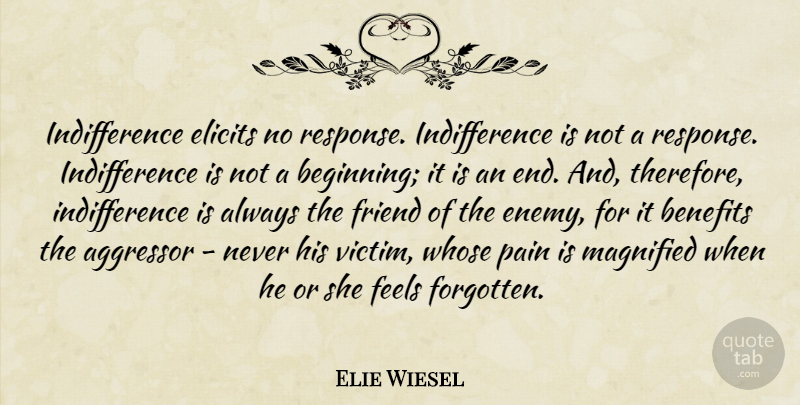 Elie Wiesel Quote About Pain, Enemy, Benefits: Indifference Elicits No Response Indifference...