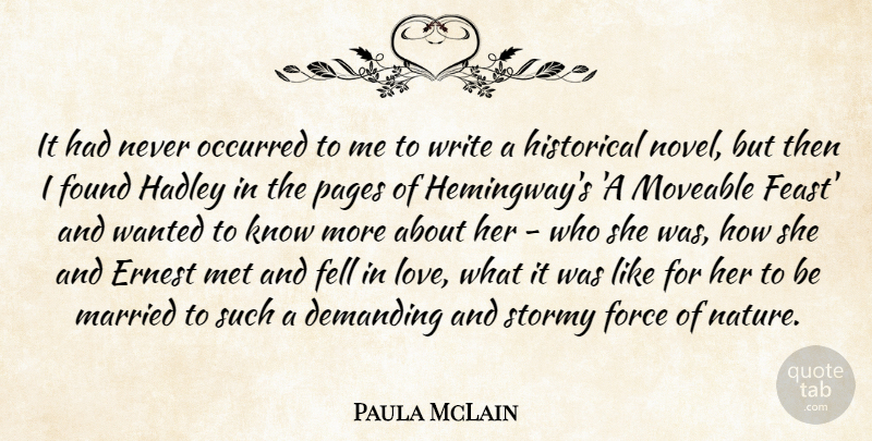 Paula McLain Quote About Demanding, Fell, Force, Historical, Love: It Had Never Occurred To...