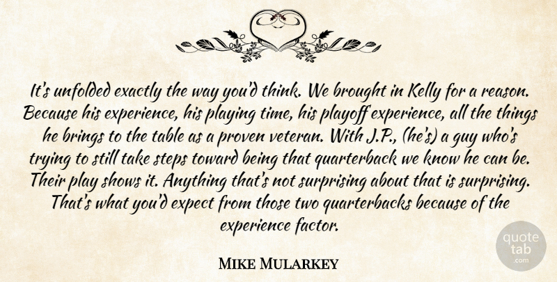 Mike Mularkey Quote About Brings, Brought, Exactly, Expect, Experience: Its Unfolded Exactly The Way...