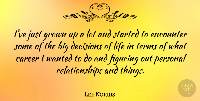 Lee Norris Quote About Career, Decisions, Encounter, Figuring, Grown: Ive Just Grown Up A...