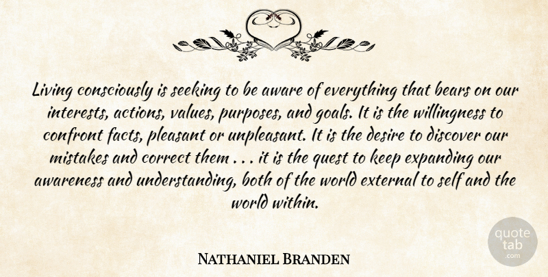 Nathaniel Branden Quote About Mistake, Self, Goal: Living Consciously Is Seeking To...