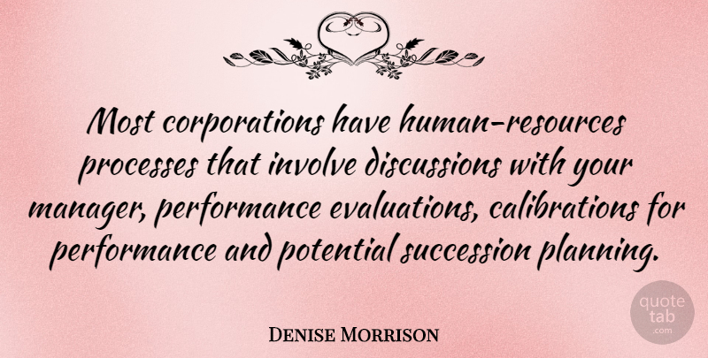 Denise Morrison Quote About Involve, Performance, Processes, Succession: Most Corporations Have Human Resources...