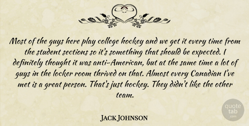 Jack Johnson Quote About Almost, Canadian, College, Definitely, Great: Most Of The Guys Here...