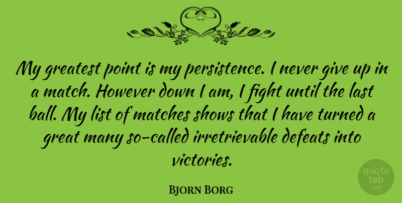 Bjorn Borg Quote About Giving Up, Fighting, Persistence: My Greatest Point Is My...