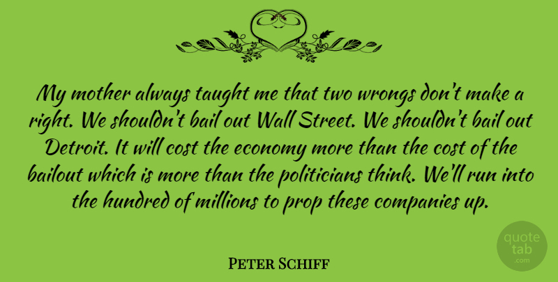 Peter Schiff Quote About Bail, Companies, Cost, Hundred, Millions: My Mother Always Taught Me...
