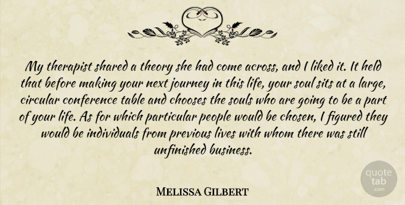 Melissa Gilbert Quote About Journey, Unfinished Business, People: My Therapist Shared A Theory...