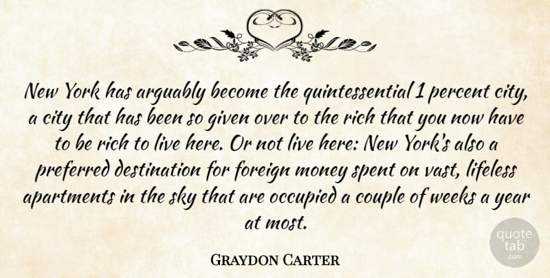 Graydon Carter Quote About Apartments, Arguably, Couple, Foreign, Given: New York Has Arguably Become...