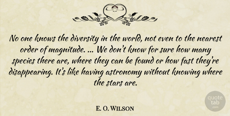 E. O. Wilson Quote About Stars, Order, Knowing: No One Knows The Diversity...