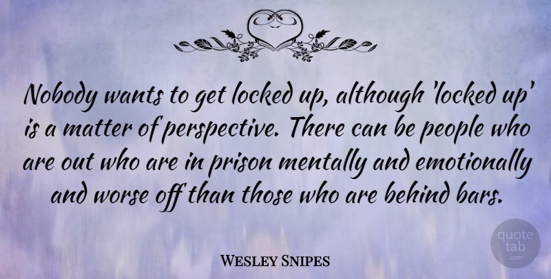 Wesley Snipes Quote About Perspective, People, Bars: Nobody Wants To Get Locked...