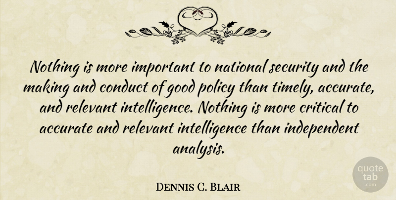 Dennis C. Blair Quote About Independent, Important, Analysis: Nothing Is More Important To...