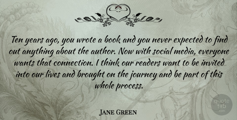Jane Green Quote About Brought, Expected, Invited, Lives, Readers: Ten Years Ago You Wrote...