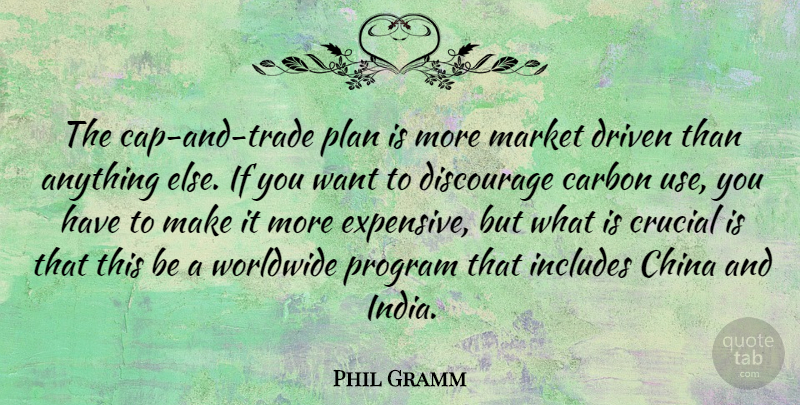 Phil Gramm Quote About Carbon, Crucial, Discourage, Driven, Includes: The Cap And Trade Plan...