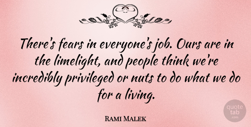 Rami Malek Quote About Fears, Incredibly, Ours, People, Privileged: Theres Fears In Everyones Job...