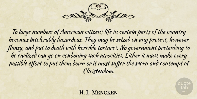 H. L. Mencken Quote About Country, Government, Lynching: To Large Numbers Of American...
