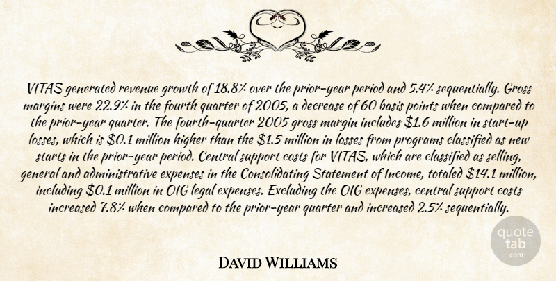 David Williams Quote About Basis, Central, Classified, Compared, Costs: Vitas Generated Revenue Growth Of...