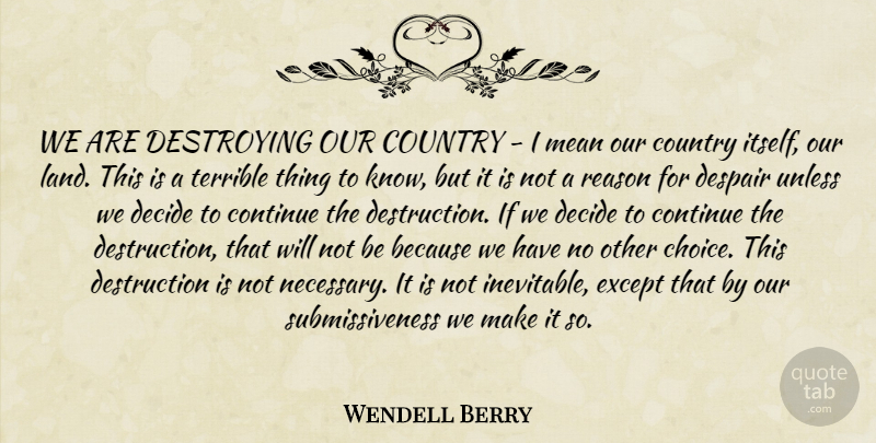 Wendell Berry Quote About Country, Mean, Land: We Are Destroying Our Country...