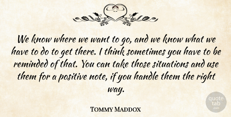 Tommy Maddox Quote About Handle, Positive, Reminded, Situations: We Know Where We Want...