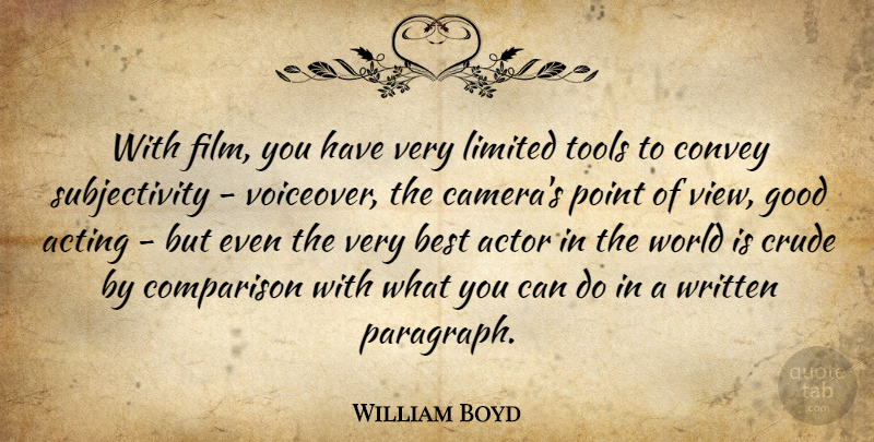 William Boyd Quote About Views, Acting, Tools: With Film You Have Very...
