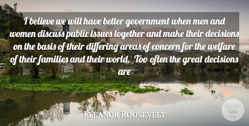 Eleanor Roosevelt Quote About Areas, Basis, Believe, Concern, Decisions: I Believe We Will Have...
