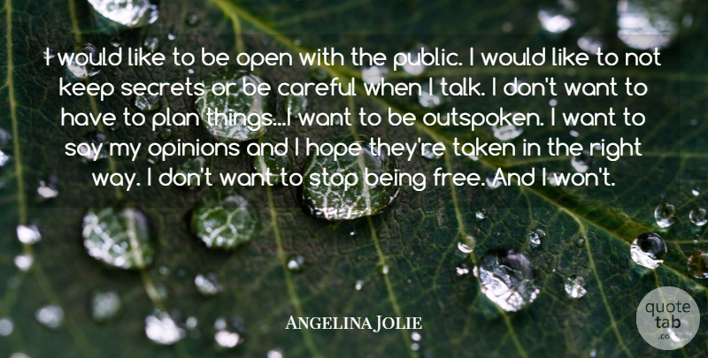 Angelina Jolie Quote About Careful, Hope, Open, Opinions, Plan: I Would Like To Be...