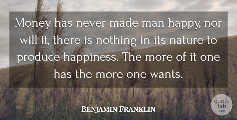 Benjamin Franklin Quote About Happiness, Witty, Money: Money Has Never Made Man...