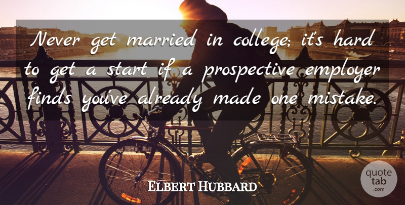 Elbert Hubbard Quote About Marriage, Funny Love, Mistake: Never Get Married In College...