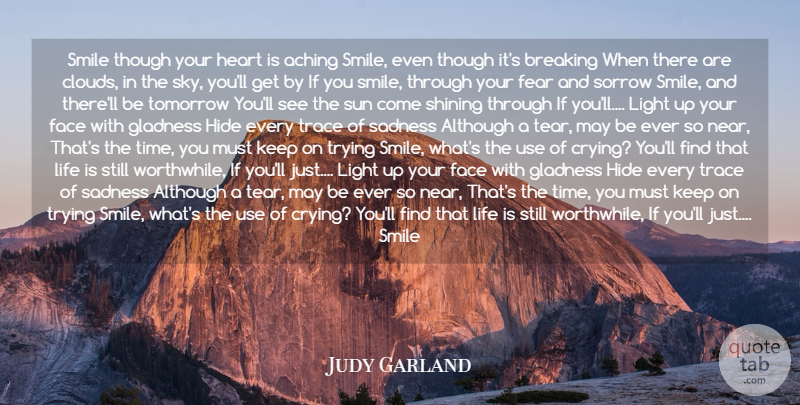 Judy Garland Quote About Aching, Although, Breaking, Face, Fear: Smile Though Your Heart Is...