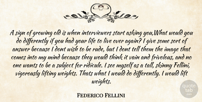 Federico Fellini Quote About Answer, Asking, Growing, Image, Life: A Sign Of Growing Old...