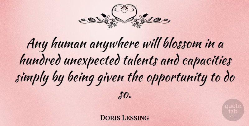 Doris Lessing Quote About Inspirational, Success, Opportunity: Any Human Anywhere Will Blossom...