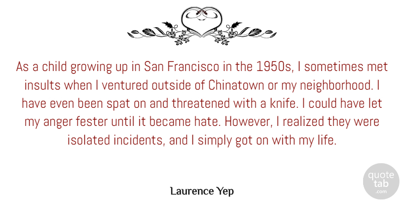 Laurence Yep Quote About Anger, Became, Child, Chinatown, Francisco: As A Child Growing Up...