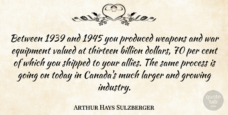 Arthur Hays Sulzberger Quote About Billion, Cent, Equipment, Growing, Larger: Between 1939 And 1945 You...