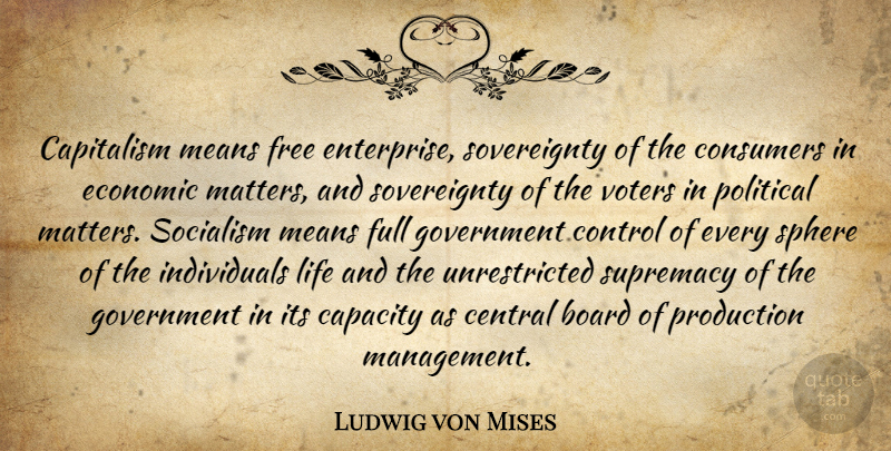 Ludwig von Mises Quote About Mean, Government, Political: Capitalism Means Free Enterprise Sovereignty...